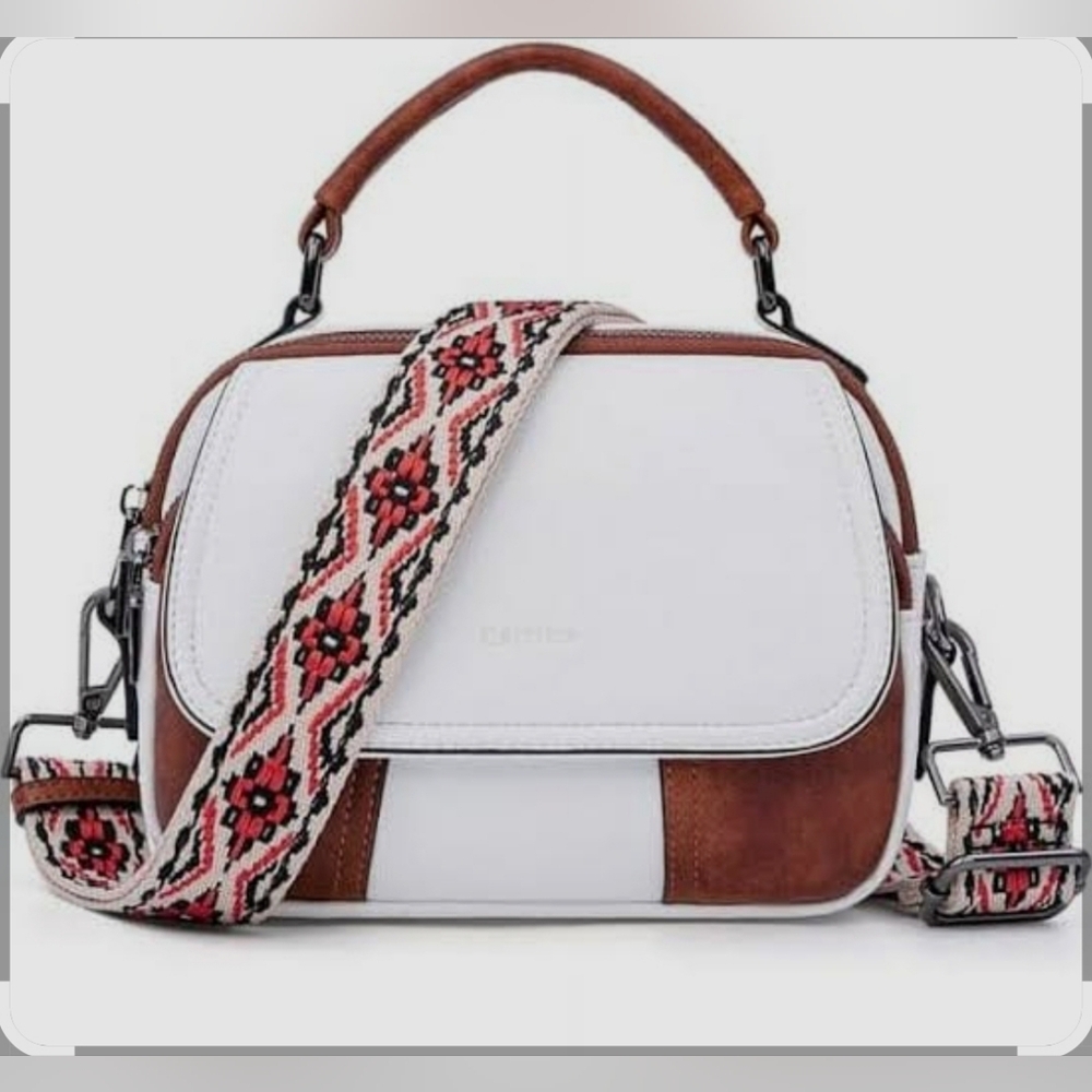 Chic White and Brown Crossbody Bag with Patterned Strap